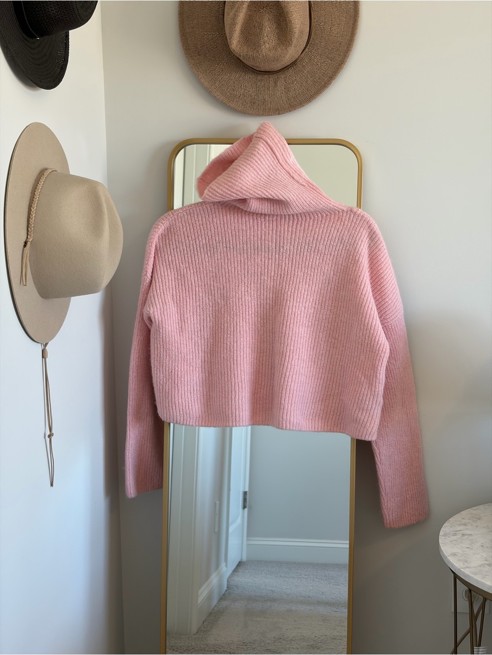 & Other Stories Pink Cropped Turtleneck Ribbed Sweater